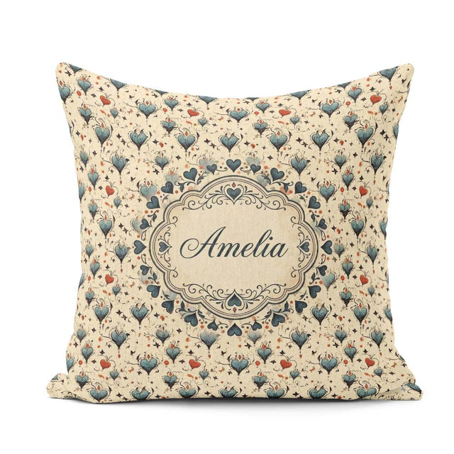 Custom Name Elegant Blue Hearts Vine Pattern on Beige Background Square Filled Cushion Throw Pillow Sofa Bed Home Decor Zip Washable UK Made