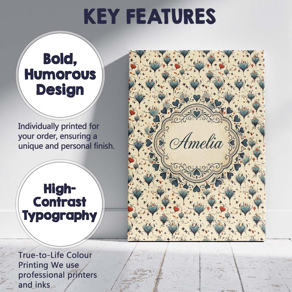 Personalised Name Elegant Blue Hearts Custom Modern Room Accent Creative Decorator Style Canvas Wall Art Print Decor Picture Ready to Hang