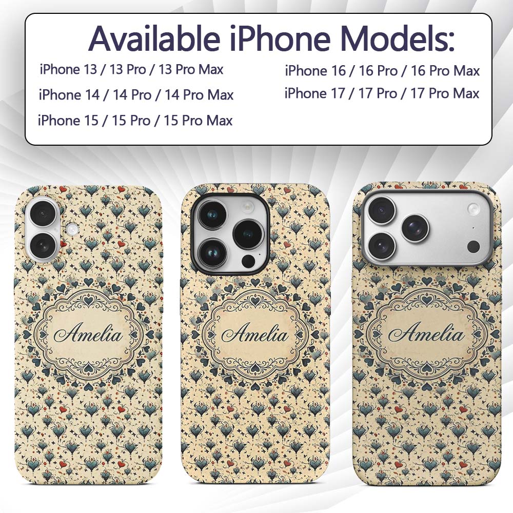 Elegant Blue Hearts Floral Vine Pattern on Beige Custom Name Protective Phone Case Mobile Cover Durable Everyday Smartphone Shock Resistant