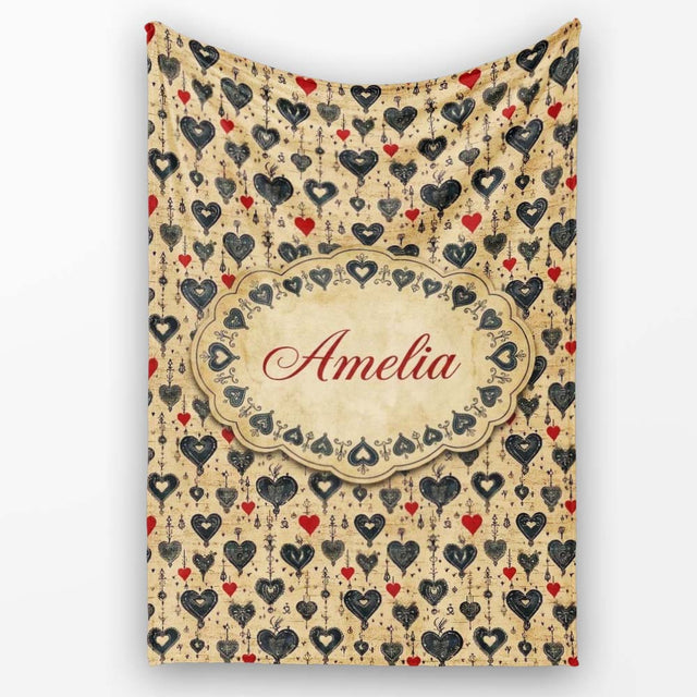 Grunge Gothic Heart and Red Accent Ornamental Seamless Pattern  Personalised Custom Name Super Soft Fleece Blanket Bed Sofa Throw