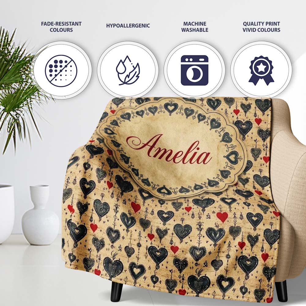 Grunge Gothic Heart and Red Accent Ornamental Seamless Pattern  Personalised Custom Name Super Soft Fleece Blanket Bed Sofa Throw