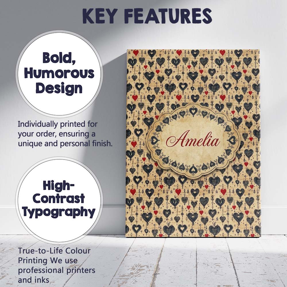 Personalised Name Grunge Gothic Heart and Custom  Unique Gift Idea Elegant Feature Canvas Wall Art Print Decor Picture Ready to Hang
