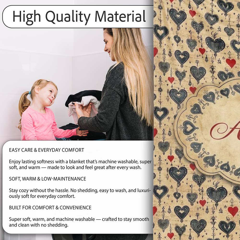 Grunge Gothic Heart and Red Accent Ornamental Seamless Pattern  Personalised Custom Name Super Soft Fleece Blanket Bed Sofa Throw