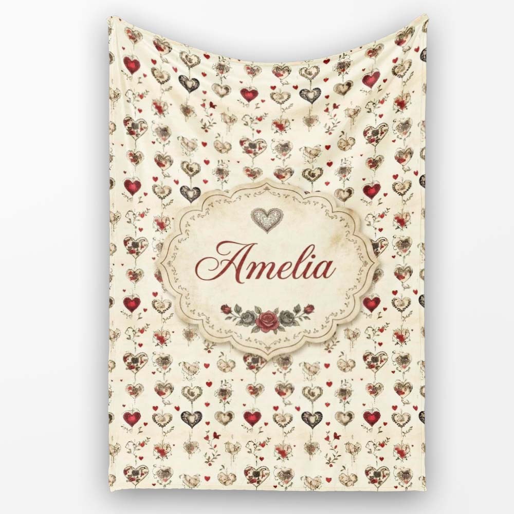 Elegant Vintage Hanging Heart and Floral Vine Seamless Pattern  Personalised Custom Name Super Soft Fleece Blanket Bed Sofa Throw