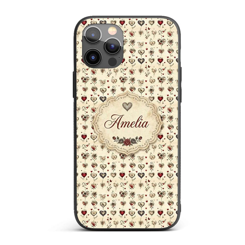 Elegant Vintage Hanging Heart and Floral Vine Custom Name Protective Phone Case Mobile Cover Durable Everyday Smartphone Shock Resistant