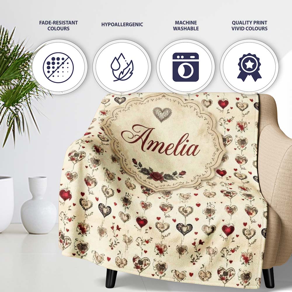 Elegant Vintage Hanging Heart and Floral Vine Seamless Pattern  Personalised Custom Name Super Soft Fleece Blanket Bed Sofa Throw