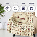 Elegant Vintage Hanging Heart and Floral Vine Seamless Pattern  Personalised Custom Name Super Soft Fleece Blanket Bed Sofa Throw