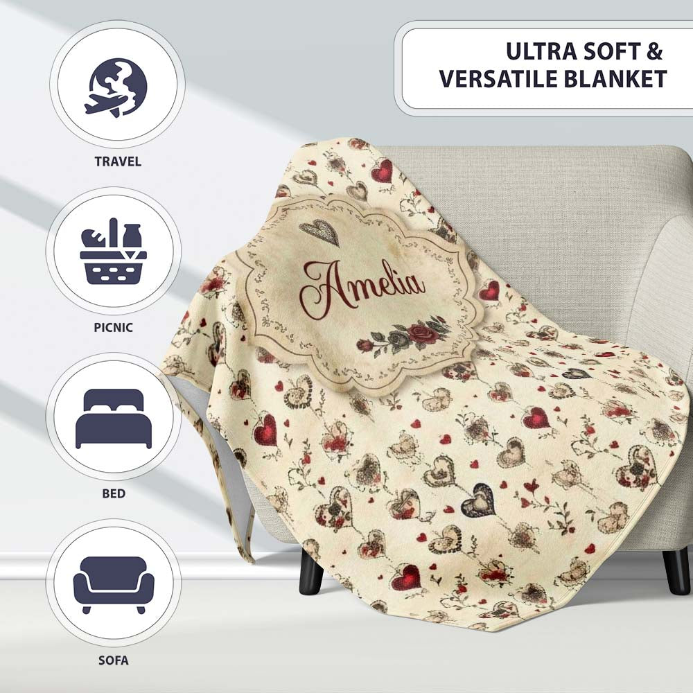 Elegant Vintage Hanging Heart and Floral Vine Seamless Pattern  Personalised Custom Name Super Soft Fleece Blanket Bed Sofa Throw