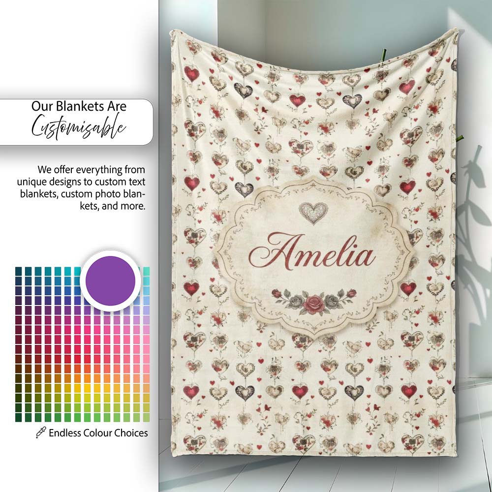 Elegant Vintage Hanging Heart and Floral Vine Seamless Pattern  Personalised Custom Name Super Soft Fleece Blanket Bed Sofa Throw
