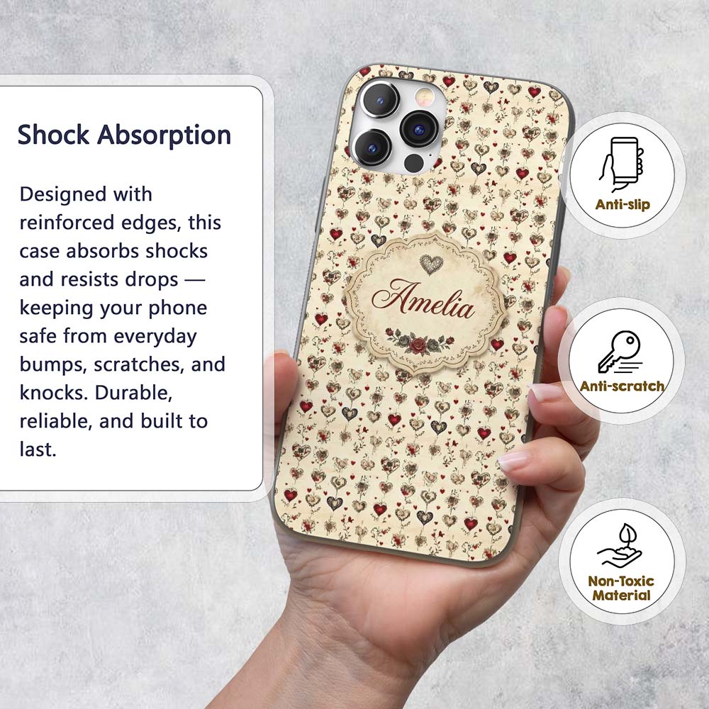 Elegant Vintage Hanging Heart and Floral Vine Custom Name Protective Phone Case Mobile Cover Durable Everyday Smartphone Shock Resistant