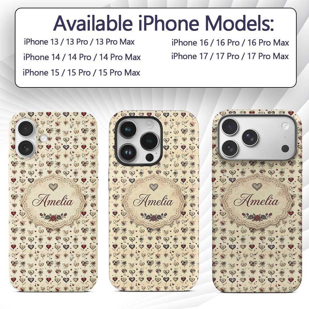 Elegant Vintage Hanging Heart and Floral Vine Custom Name Protective Phone Case Mobile Cover Durable Everyday Smartphone Shock Resistant