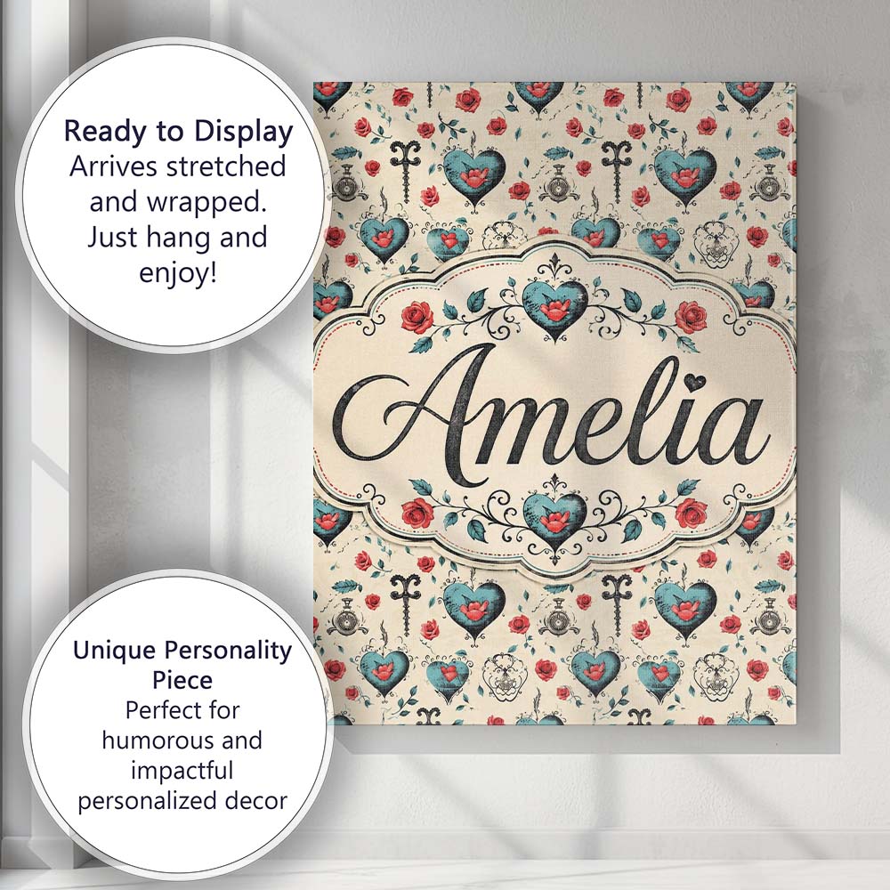 Personalised Name Blue Heart Rose and Key Custom  Unique Gift Idea Elegant Feature Canvas Wall Art Print Decor Picture Ready to Hang