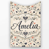 Delicate Hand Drawn Heart and Botanical Sketch Seamless Pattern  Personalised Custom Name Super Soft Fleece Blanket Bed Sofa Throw
