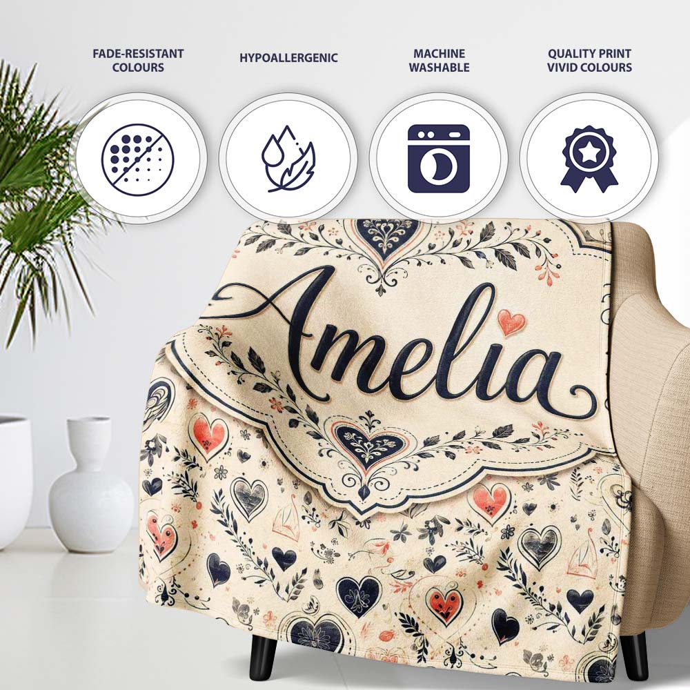 Delicate Hand Drawn Heart and Botanical Sketch Seamless Pattern  Personalised Custom Name Super Soft Fleece Blanket Bed Sofa Throw
