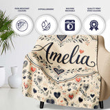 Delicate Hand Drawn Heart and Botanical Sketch Seamless Pattern  Personalised Custom Name Super Soft Fleece Blanket Bed Sofa Throw