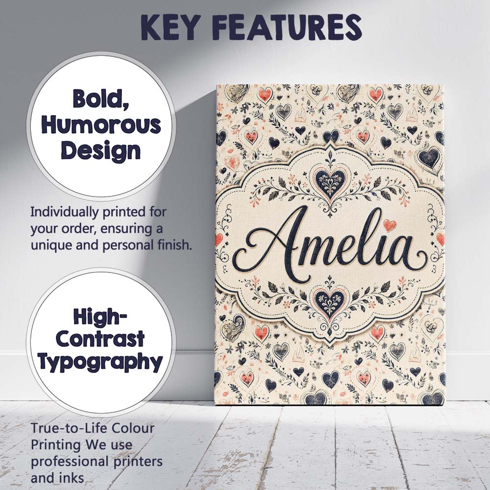 Personalised Name Delicate Hand Drawn Heart Custom  Bespoke Interior Contemporary Canvas Wall Art Print Decor Picture Ready to Hang