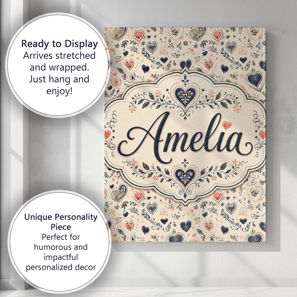 Personalised Name Delicate Hand Drawn Heart Custom  Bespoke Interior Contemporary Canvas Wall Art Print Decor Picture Ready to Hang