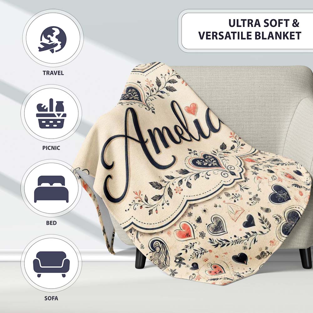 Delicate Hand Drawn Heart and Botanical Sketch Seamless Pattern  Personalised Custom Name Super Soft Fleece Blanket Bed Sofa Throw