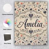 Personalised Name Delicate Hand Drawn Heart Custom  Bespoke Interior Contemporary Canvas Wall Art Print Decor Picture Ready to Hang
