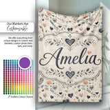 Delicate Hand Drawn Heart and Botanical Sketch Seamless Pattern  Personalised Custom Name Super Soft Fleece Blanket Bed Sofa Throw