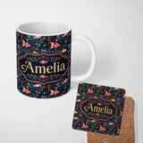 Personalized Custom Name Cute Pastel Fish and Floral Sea Life Pattern on Teal Background 11oz Ceramic Coffee Tea Mug White Large Handle
