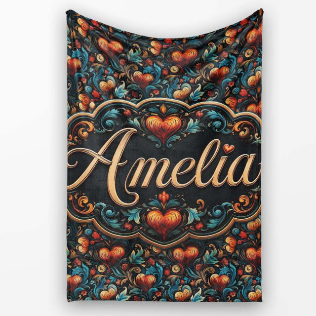 Luxurious Ornate Floral Heart Baroque Style Seamless Pattern Lovely  Personalised Custom Name Super Soft Fleece Blanket Bed Sofa Throw