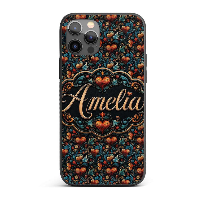 Luxurious Ornate Floral Heart Printed Design Custom Name Protective Phone Case Mobile Cover Durable Everyday Smartphone Shock Resistant
