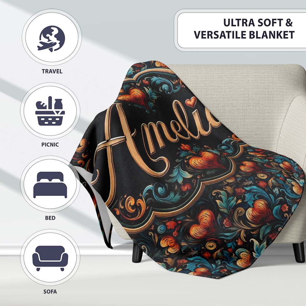 Luxurious Ornate Floral Heart Baroque Style Seamless Pattern Lovely  Personalised Custom Name Super Soft Fleece Blanket Bed Sofa Throw