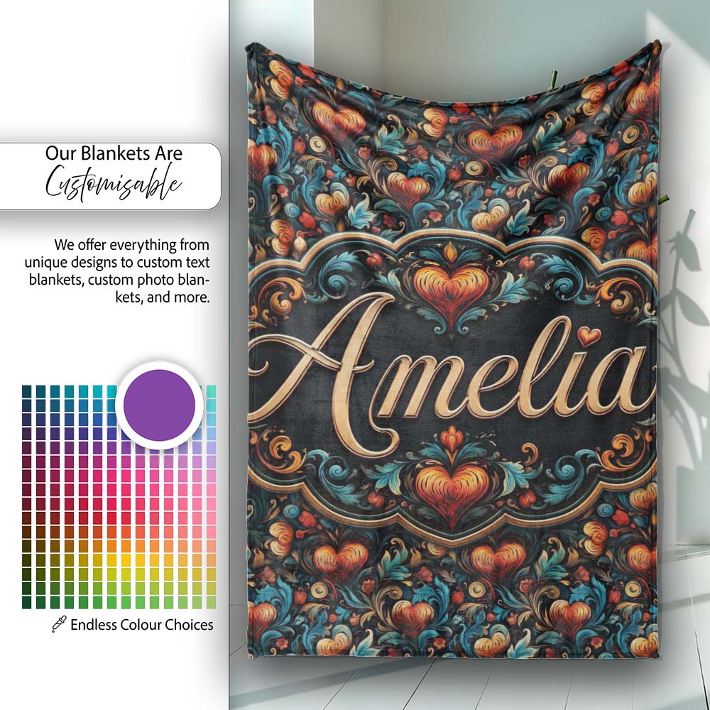 Luxurious Ornate Floral Heart Baroque Style Seamless Pattern Lovely  Personalised Custom Name Super Soft Fleece Blanket Bed Sofa Throw