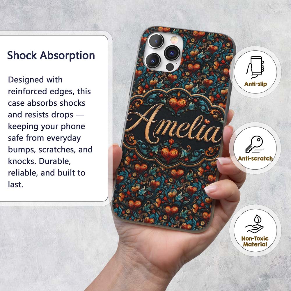 Luxurious Ornate Floral Heart Printed Design Custom Name Protective Phone Case Mobile Cover Durable Everyday Smartphone Shock Resistant