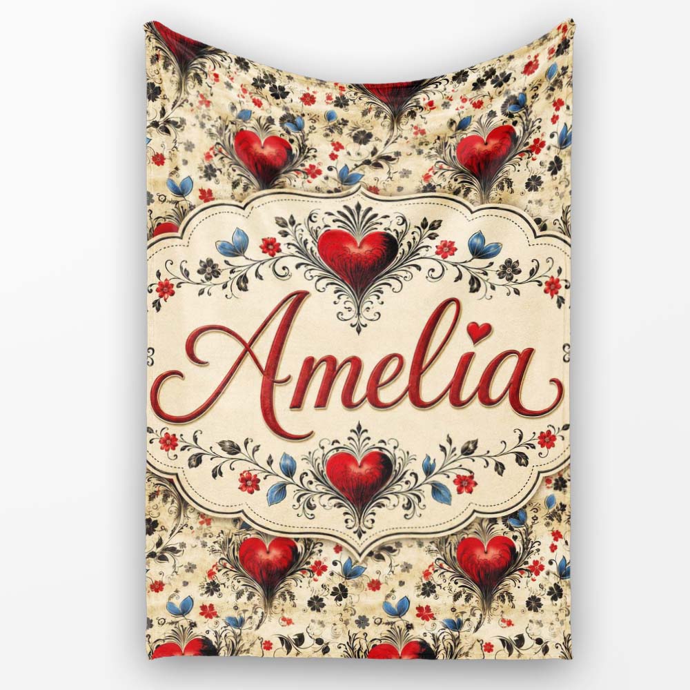 Vintage Red Heart Floral Swirl Ornamental Seamless Pattern Lovely  Personalised Custom Name Super Soft Fleece Blanket Bed Sofa Throw