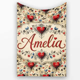 Vintage Red Heart Floral Swirl Ornamental Seamless Pattern Lovely  Personalised Custom Name Super Soft Fleece Blanket Bed Sofa Throw