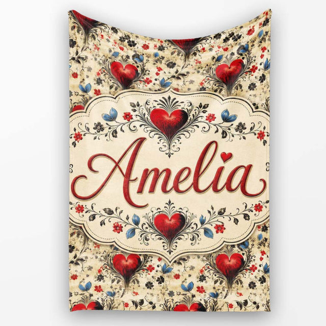 Vintage Red Heart Floral Swirl Ornamental Seamless Pattern Lovely  Personalised Custom Name Super Soft Fleece Blanket Bed Sofa Throw