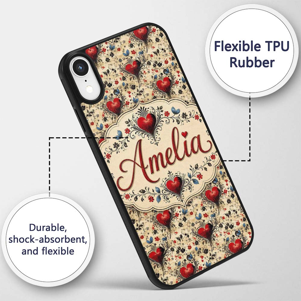 Vintage Red Heart Floral Swirl Printed Design Custom Name Protective Phone Case Mobile Cover Durable Everyday Smartphone Shock Resistant