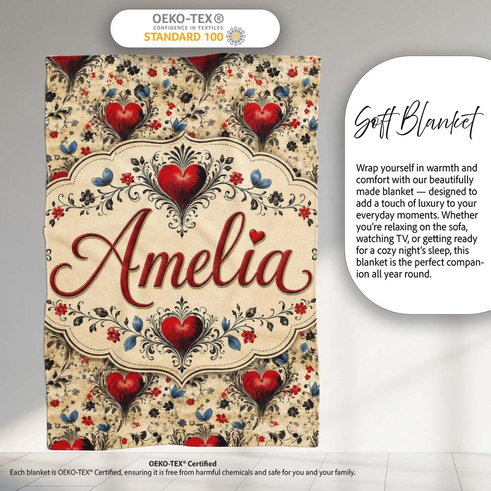 Vintage Red Heart Floral Swirl Ornamental Seamless Pattern Lovely  Personalised Custom Name Super Soft Fleece Blanket Bed Sofa Throw