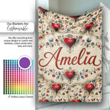 Vintage Red Heart Floral Swirl Ornamental Seamless Pattern Lovely  Personalised Custom Name Super Soft Fleece Blanket Bed Sofa Throw