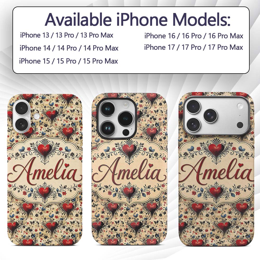 Vintage Red Heart Floral Swirl Printed Design Custom Name Protective Phone Case Mobile Cover Durable Everyday Smartphone Shock Resistant