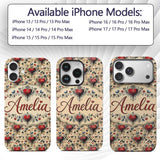 Vintage Red Heart Floral Swirl Printed Design Custom Name Protective Phone Case Mobile Cover Durable Everyday Smartphone Shock Resistant
