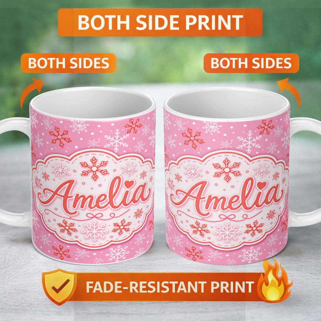 Personalized Custom Name Pink Red White Snowflake Winter Seamless Pattern Cute Unique Gift 11oz Ceramic Coffee Tea Mug White Large Handle