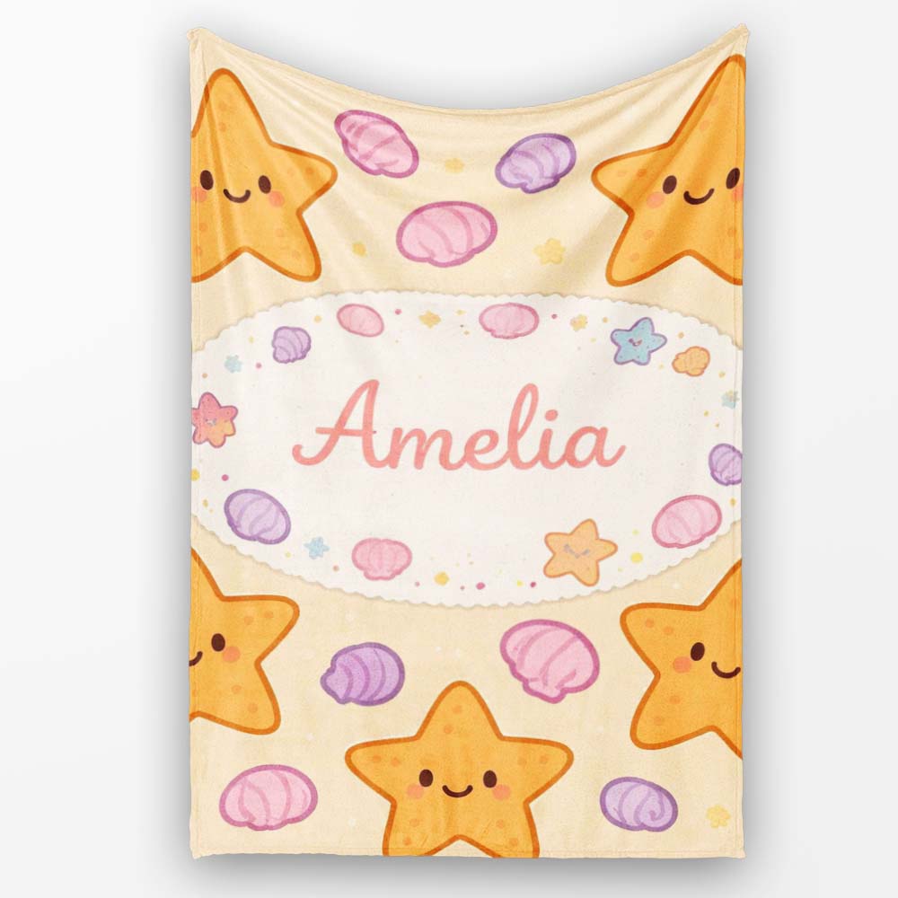 Cute Starfish Shell Cartoon Ocean Animal Pattern Cute Unique Gift  Personalised Custom Name Super Soft Fleece Blanket Bed Sofa Throw