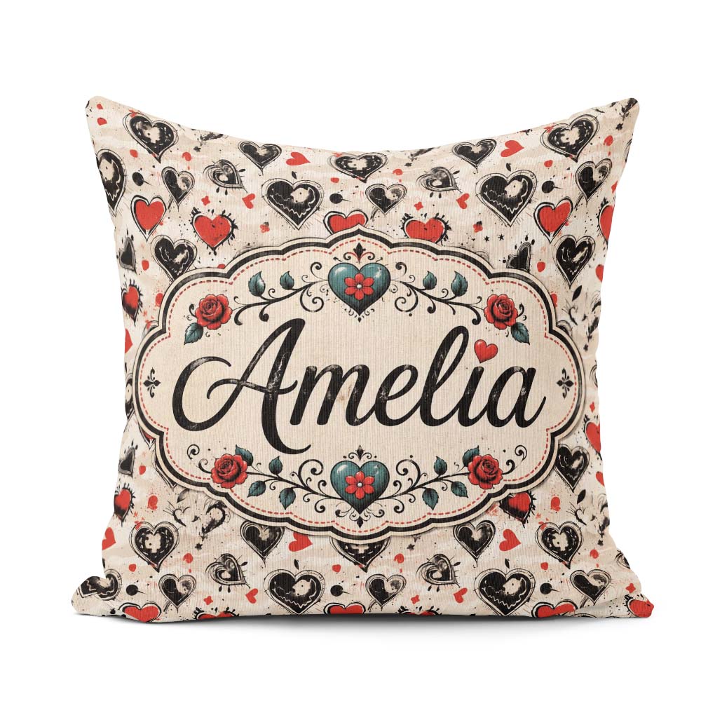 Custom Name Grunge Hand Drawn Black and Red Heart Doodle Pattern Square Filled Cushion Throw Pillow Sofa Bed Home Decor Zip Washable UK Made