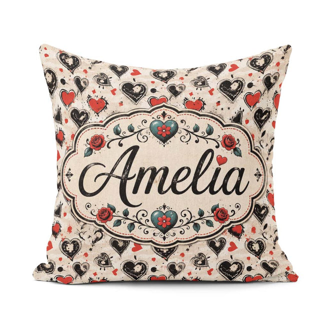 Custom Name Grunge Hand Drawn Black and Red Heart Doodle Pattern Square Filled Cushion Throw Pillow Sofa Bed Home Decor Zip Washable UK Made