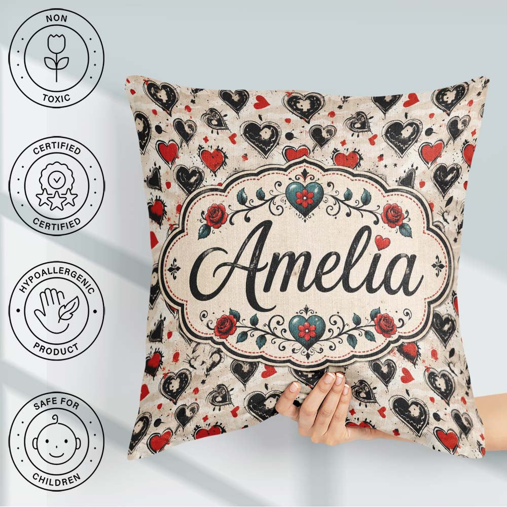Custom Name Grunge Hand Drawn Black and Red Heart Doodle Pattern Square Filled Cushion Throw Pillow Sofa Bed Home Decor Zip Washable UK Made