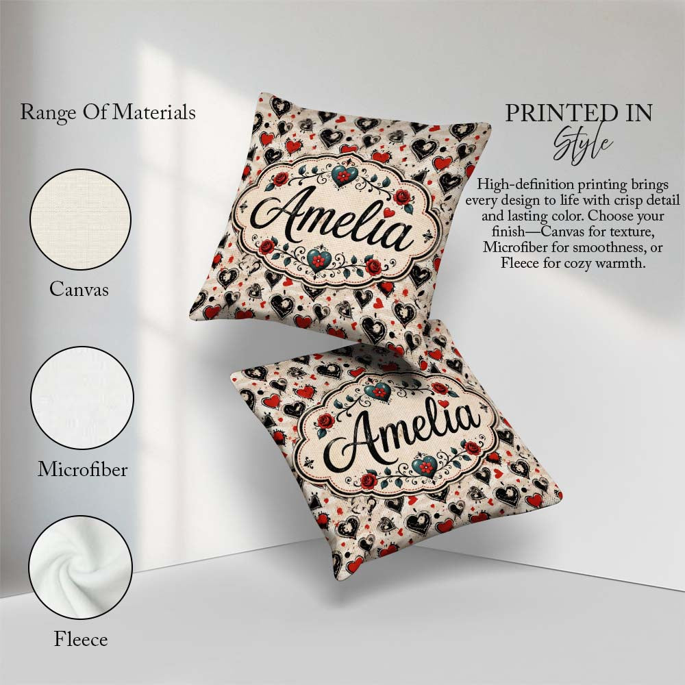 Custom Name Grunge Hand Drawn Black and Red Heart Doodle Pattern Square Filled Cushion Throw Pillow Sofa Bed Home Decor Zip Washable UK Made