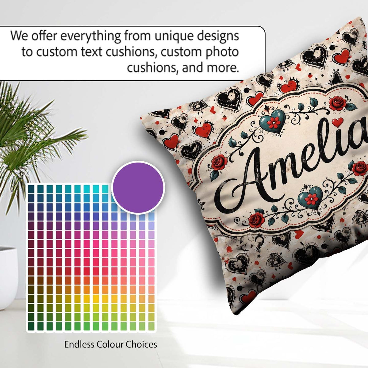 Custom Name Grunge Hand Drawn Black and Red Heart Doodle Pattern Square Filled Cushion Throw Pillow Sofa Bed Home Decor Zip Washable UK Made