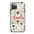 Elegant Abstract Heart Swirl and Floral Motif Custom Name Protective Phone Case Mobile Cover Durable Everyday Smartphone Shock Resistant