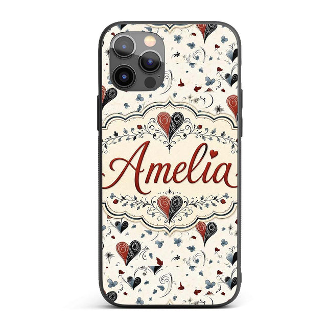 Elegant Abstract Heart Swirl and Floral Motif Custom Name Protective Phone Case Mobile Cover Durable Everyday Smartphone Shock Resistant
