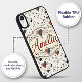 Elegant Abstract Heart Swirl and Floral Motif Custom Name Protective Phone Case Mobile Cover Durable Everyday Smartphone Shock Resistant