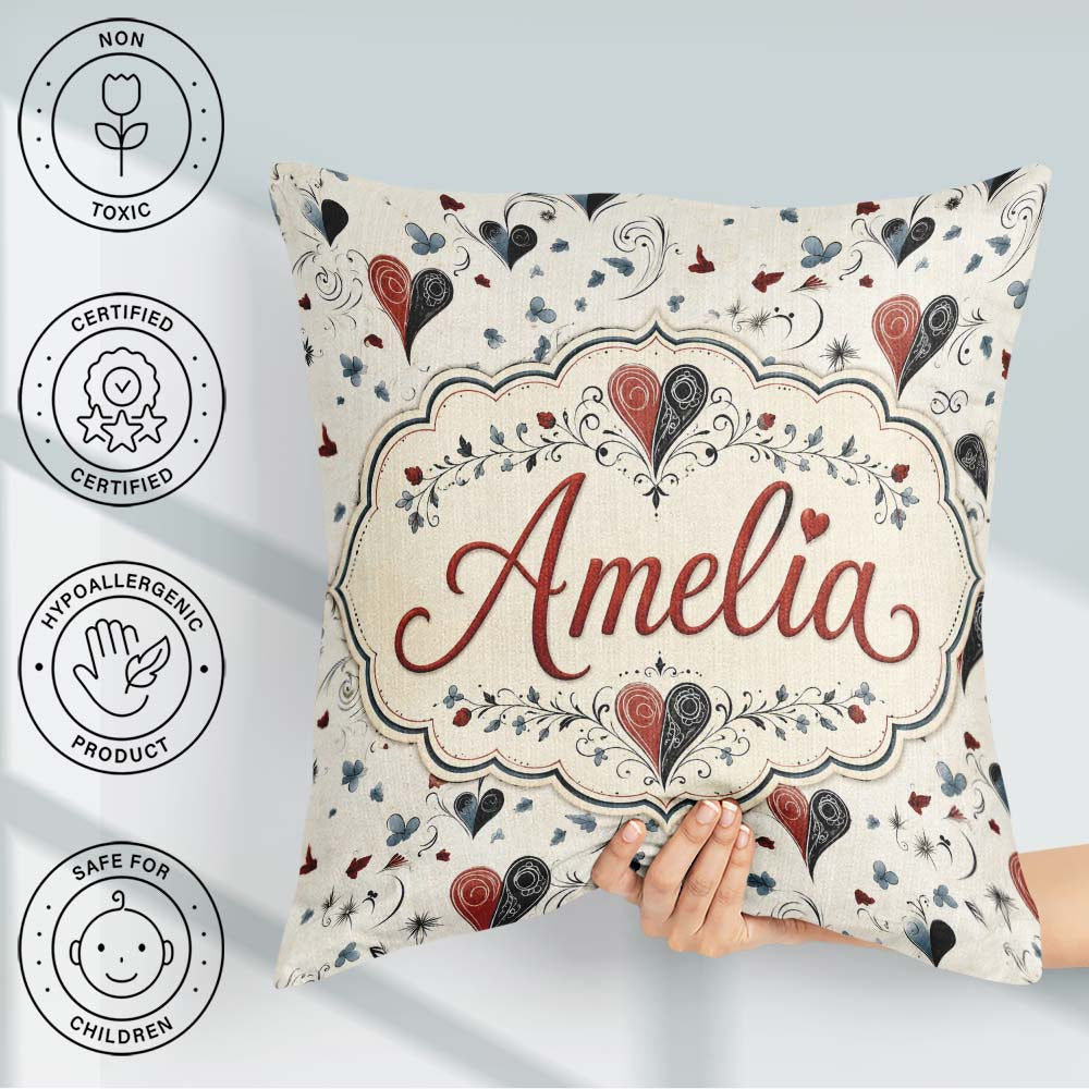 Custom Name Elegant Abstract Heart Swirl Floral Seamless Pattern Square Filled Cushion Throw Pillow Sofa Bed Home Decor Zip Washable UK Made