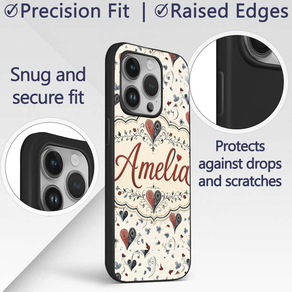 Elegant Abstract Heart Swirl and Floral Motif Custom Name Protective Phone Case Mobile Cover Durable Everyday Smartphone Shock Resistant